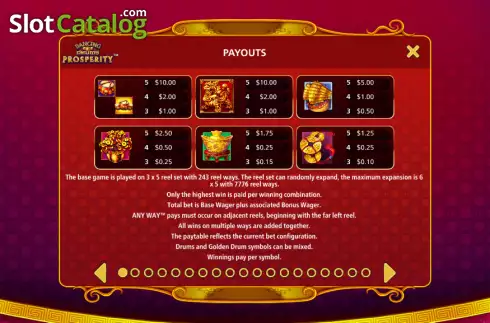 Paytable screen. Dancing Drums Prosperity slot
