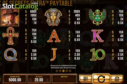 PayTable screen. Book of Secrets Extra slot