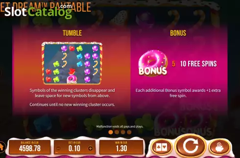 Tumble and Free Spins screen. Sweet Dream (SYNOT) slot