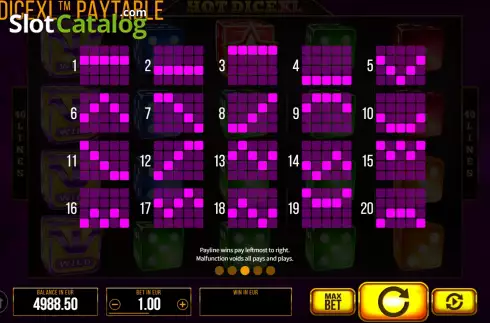 PayLines screen. Hot Dice XL slot