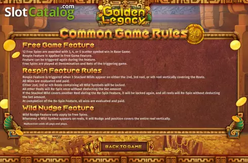 Game Rules screen. Golden Legacy (SimplePlay) slot