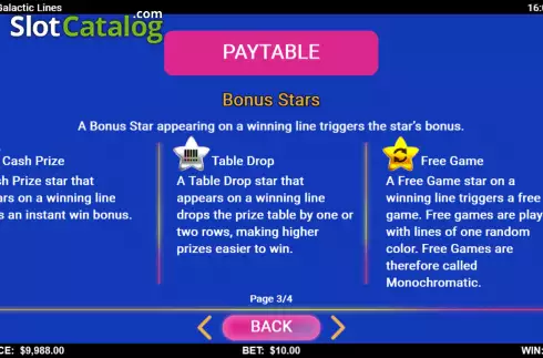 Features screen. 10/20: Galactic Lines slot