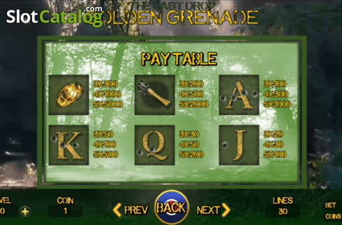 Paytable 2. The Last Drop Golden Grenade slot