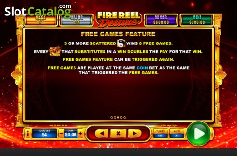 Free Games feature screen. Fire Reel Deluxe slot