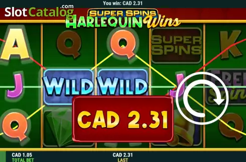 Win screen 2. Super Spins Harlequin Wins slot
