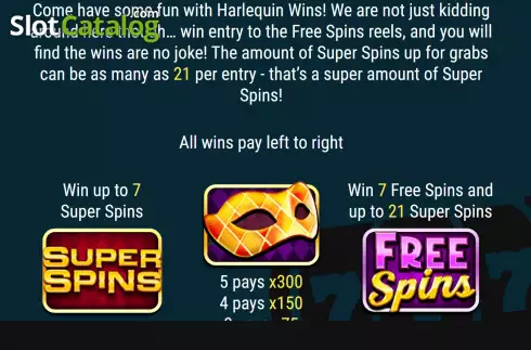 PayTable screen. Super Spins Harlequin Wins slot