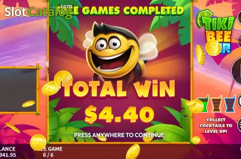 Win Free Spins screen. Tiki Bee Bar slot
