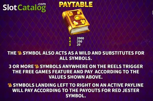 Paytable screen. Jester's Book of Gold slot
