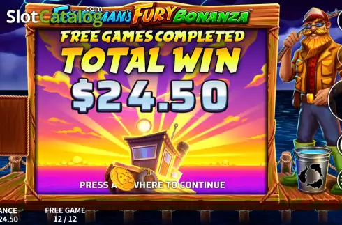 Win Free Spins screen. Fisherman's Fury Bonanza slot