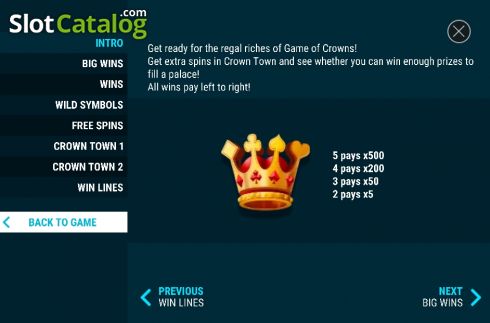 Paytable 1. Game of Crowns slot