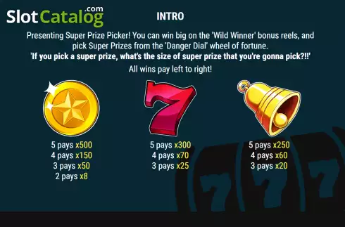Paytable screen. Super Prize Picker slot