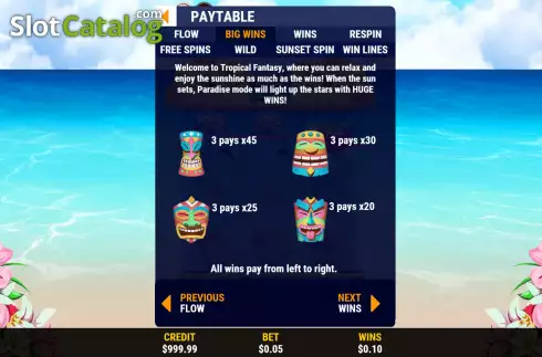 High paytable screen. Tropical Fantasy slot