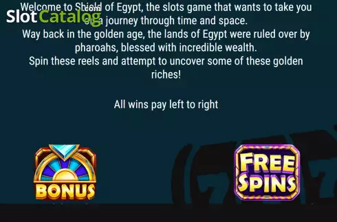 Game Features screen. Shield of Egypt slot
