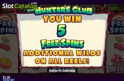 Free Spins screen. The Hunter's Club slot
