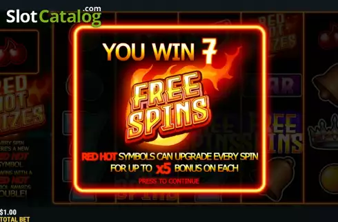 Free Spins screen. Red Hot Prizes slot