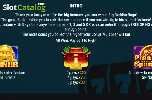 Game Rules screen. Big Buddha Bags slot