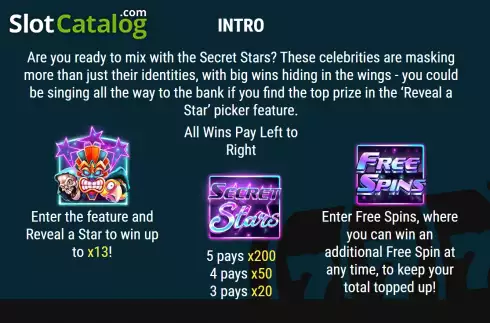 Game Features screen. Secret Stars slot