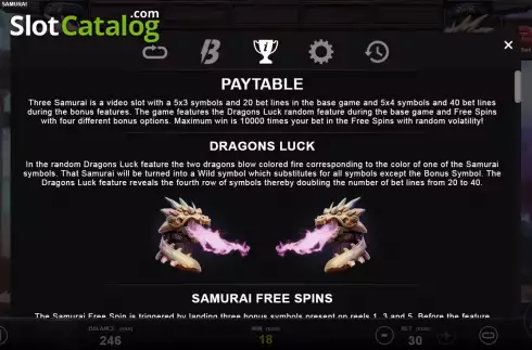Dragons luck feature screen. Three Samurai slot