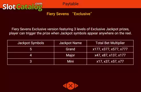 Exclusive Jackpot prizes paytable screen. Fiery Sevens Exclusive slot