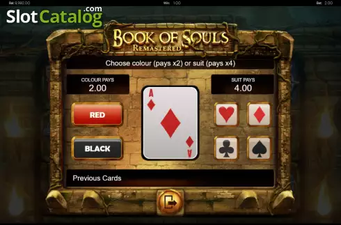 Gamble Risk Game Screen. Book of Souls Remastered slot