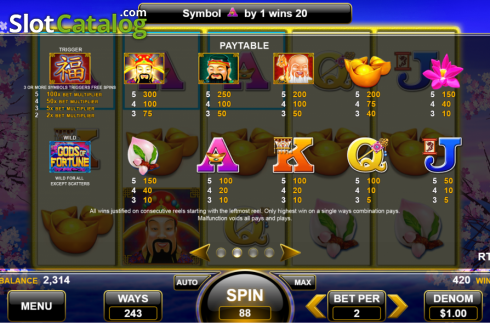 Paytable. Gods of Fortune slot