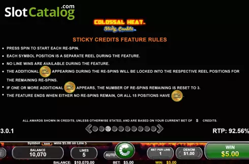 Game Feature screen 3. Colossal Heat Sticky Credits slot