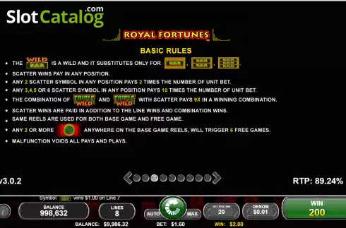 Basic Rules screen 3. Royal Fortunes slot