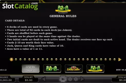 Game Rules screen. 21+3 Progressive Blackjack slot