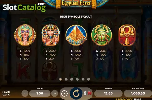 Paytable screen. Egyptian Fever slot