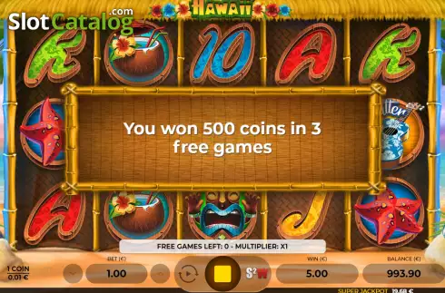 Win Free Spins screen. Hawaii (Spin2Win) slot