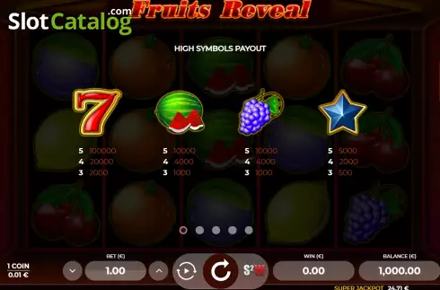 Paytable screen. Fruits Reveal slot