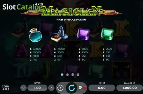 Paytable screen. The Magician Deluxe slot