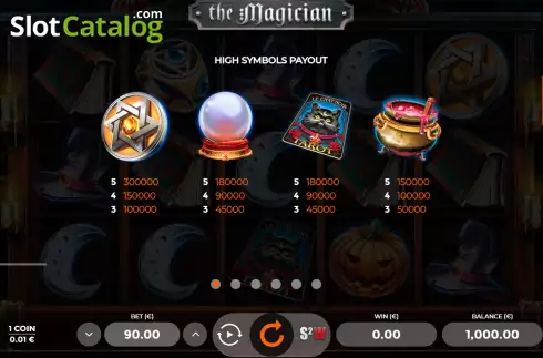 Paytable screen. The Magician slot