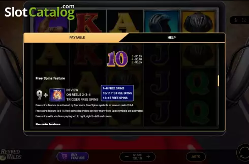 Paytable and Free Spins screen. Revved Wilds slot