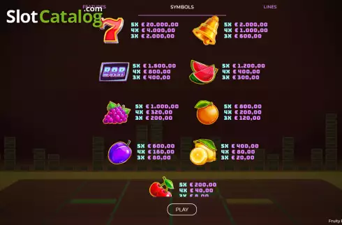 Paytable  screen. Fruity Beats Xtreme slot