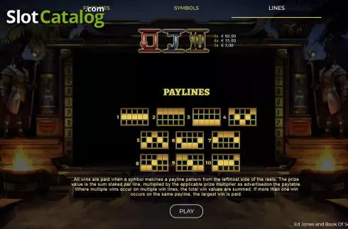 Paytable and payliines screen. Ed Jones & Book of Seth Xtreme slot