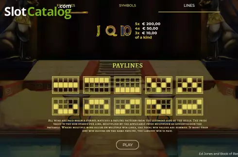 Paytable and Paylines screen. Ed Jones and Book of Bastet Xtreme slot