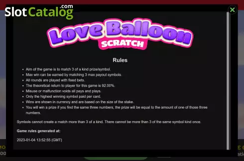 Game Rules screen. Love Balloon Scratch slot