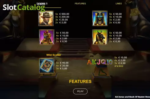 Paytable screen. Ed Jones and Book of Bastet Deluxe Extreme slot