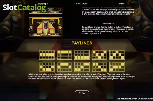 Paylines screen. Ed Jones and Book of Bastet Deluxe Extreme slot