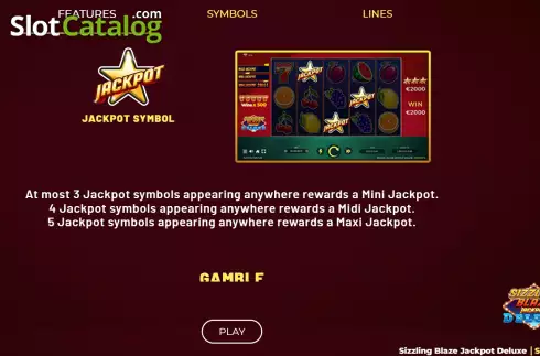 Game Features screen. Sizzling Blaze Jackpot Deluxe slot