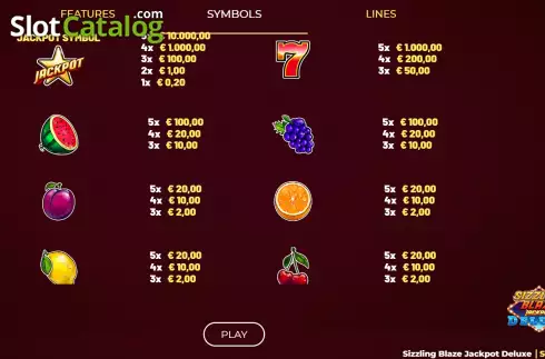 PayTable screen. Sizzling Blaze Jackpot Deluxe slot