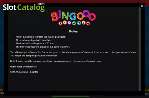 Game Rules screen. Bingooo Scratch slot