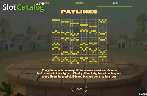 Paylines screen. 3 Amigos Jackpot slot