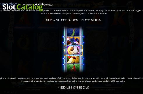 Free Spins features screen. Book Of Champions slot
