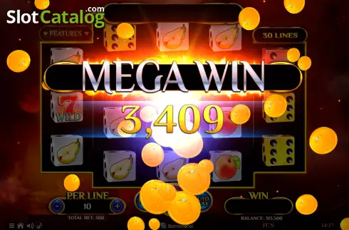 Mega Win screen. Wildfire Fruits Dice slot