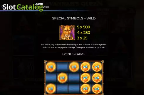 Special symbols screen. Savannah's Queen slot