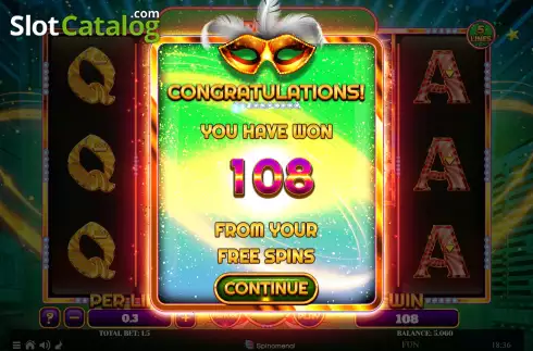 Win Free Spins screen. Reels Of Rio - Party Time slot