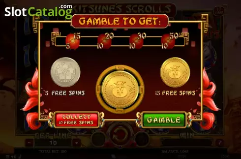 Gamble game screen. Kitsune's Scrolls Sacred Flames slot