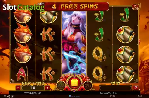 Free spins game screen. Kitsune's Scrolls Sacred Flames slot